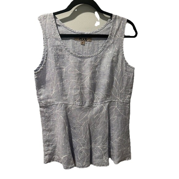 Flax 100% Linen Top Gingham Blue Check Tank Top Leaves Floral Cottagecore XS - Picture 1 of 8